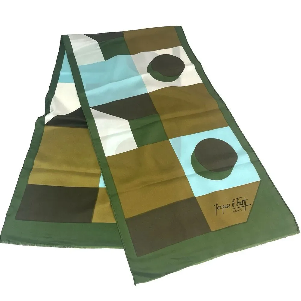 Vintage JACQUES FATH Paris 100% Silk Skinny Scarf 60x16 in Geometric Green Brown